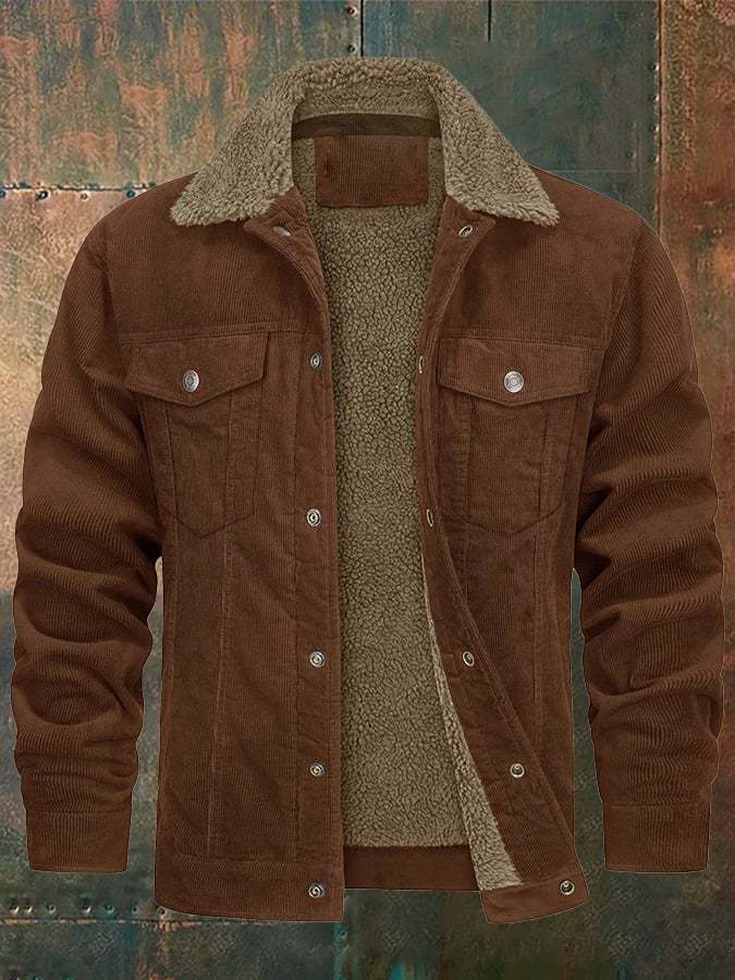 Men's Casual Fleece Lined Lapel Corduroy Trucker Jacket