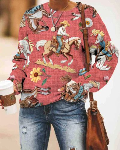 Western Retro Cowgirl Horse Print Round Neck Long Sleeve Sweatshirt