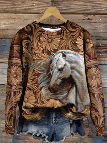 Western Retro Horse Print Round Neck Long Sleeve Sweatshirt