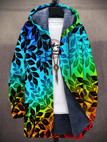 Unisex Multicolor Gradient Leaves Art Print Plush Thick Long-Sleeved Sweater Coat Cardigan
