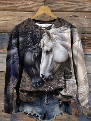 Western Retro Horse Print Crew Neck Sweatshirt