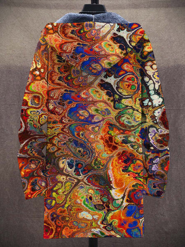 Unisex Retro Ethnic Colorful Art Pattern Plush Thick Long-Sleeved Sweater Cardigan Coat
