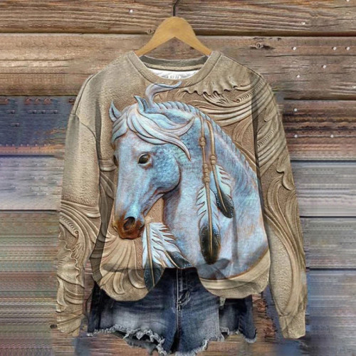 Vintage 3D Horse Print Casual Sweatshirt