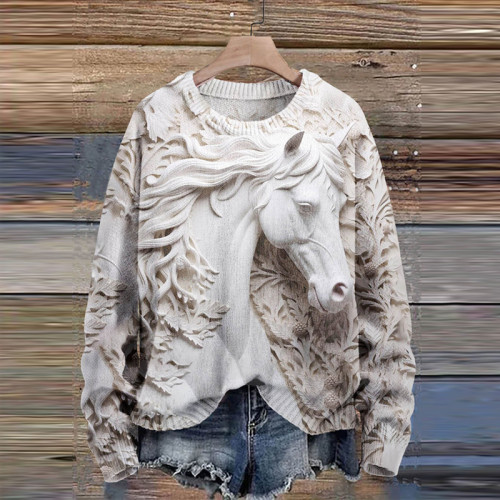 Art 3D Horse Print Knitted Sweater