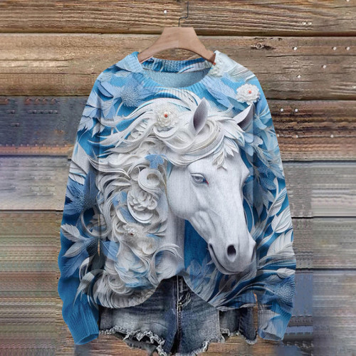 Art 3D Horse Print Knitted Pullover Sweater