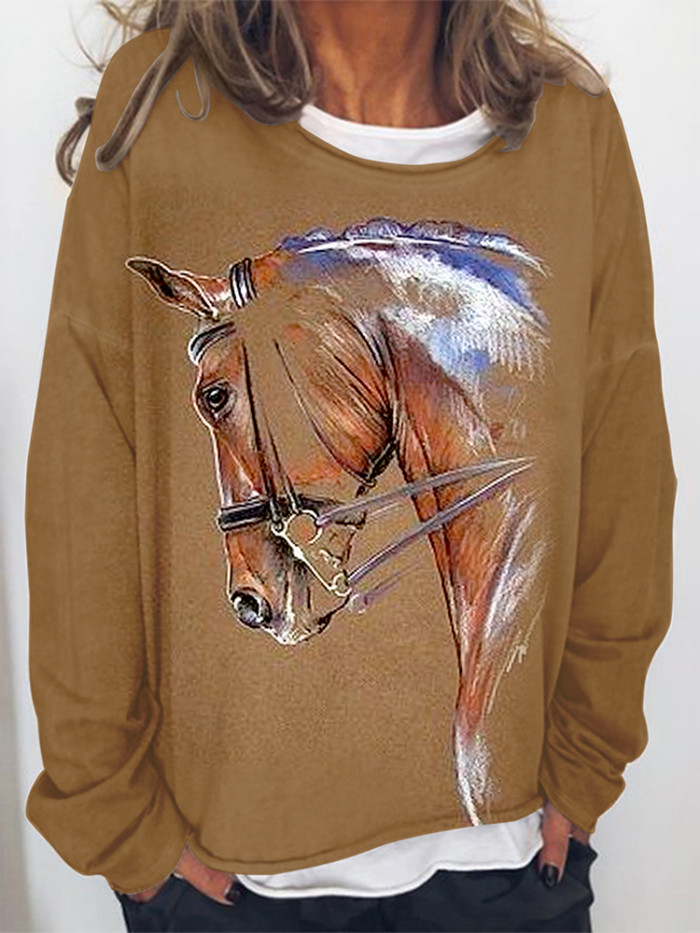 Western Horse Print Loose Long Sleeve Sweatshirt