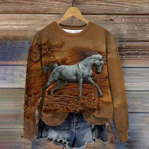 Vintage 3D Horse Print Sweatshirt
