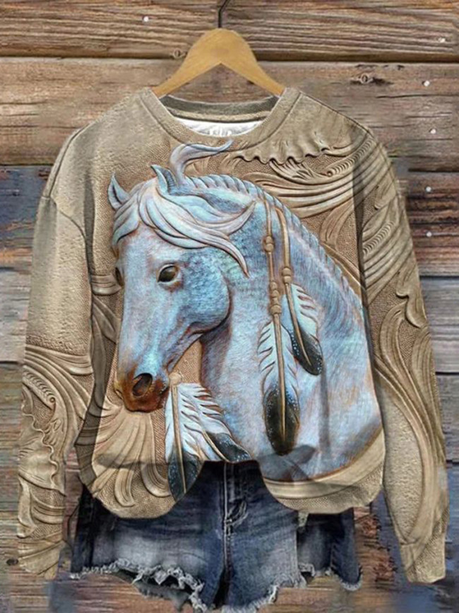 Vintage 3D Horse Print Casual Sweatshirt