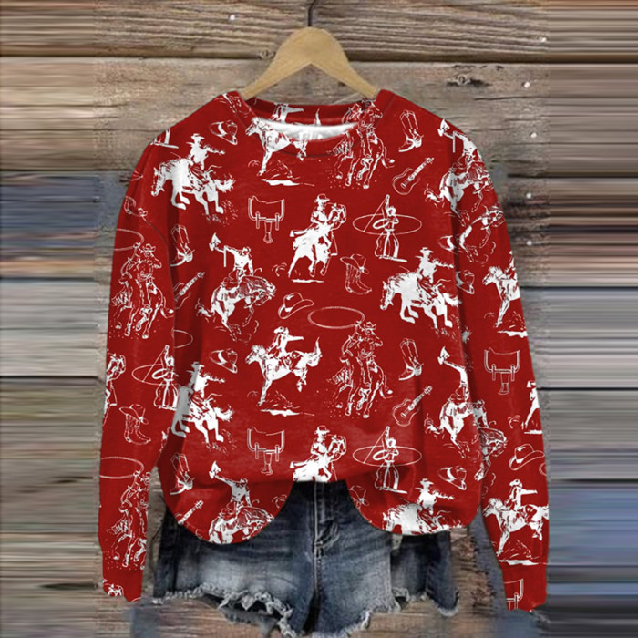 Western Retro Horse Print Casual Sweatshirt