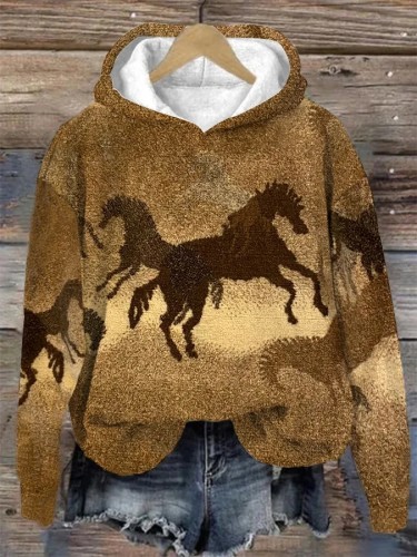 Women's Retro Casual Woolen Knitted Horse Print Sweatshirt