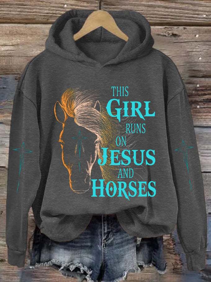 Women's Western This Girl Runs On Jesus And Horses Printed Hooded Sweatshirt