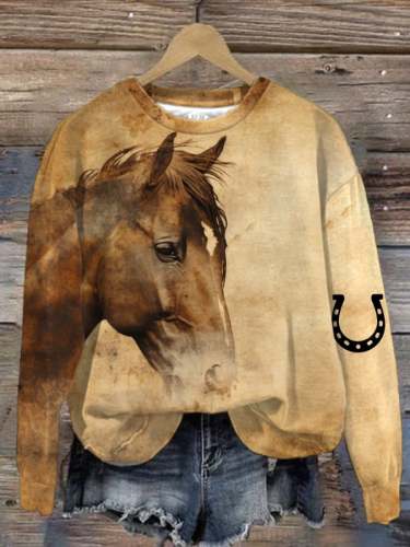 🔥Buy 3 Get 10% Off🔥Women's Horse Art Print Crew Neck Sweatshirt