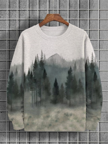 Men's Ink Painting Forest Mountain Landscape Print Sweatshirt