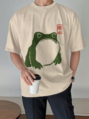 Men's Frog Japanese Lino Art Painting Kanji Print Casual Tee