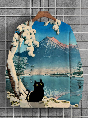 Men's Vintage Mount Fuji And Cat Lake Landscape Print Sweatshirt