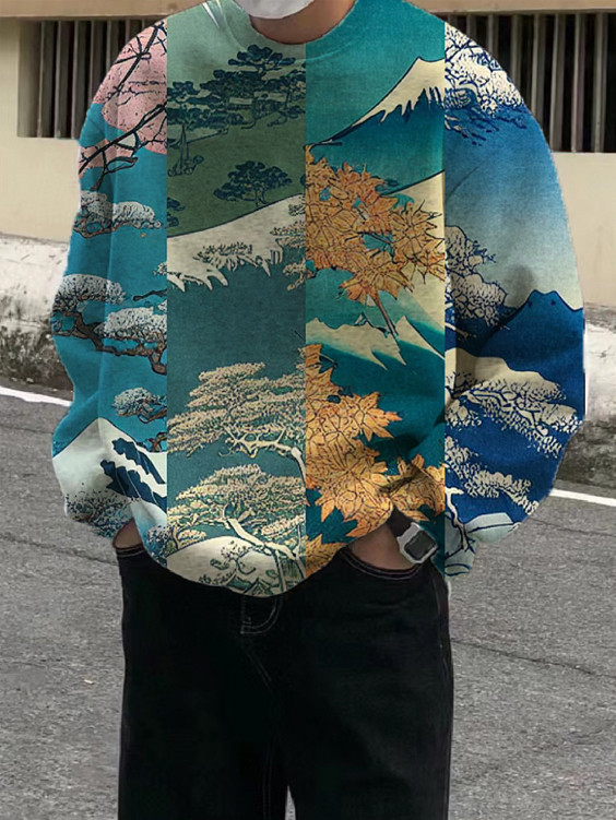 Men's Japan Four Seasons Art Mount Fuji Tree Print Sweatshirt