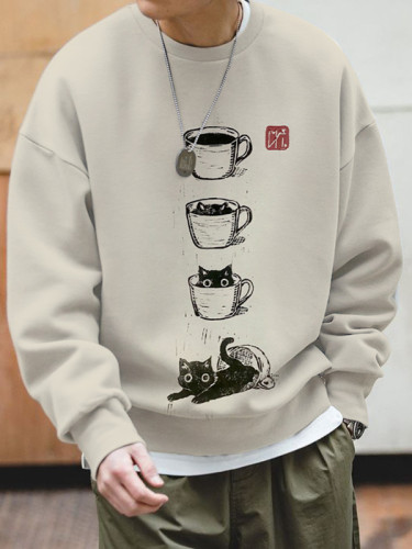 Men's Cat Coffee Cup Japanese Art Painting Print Cozy Sweatshirt