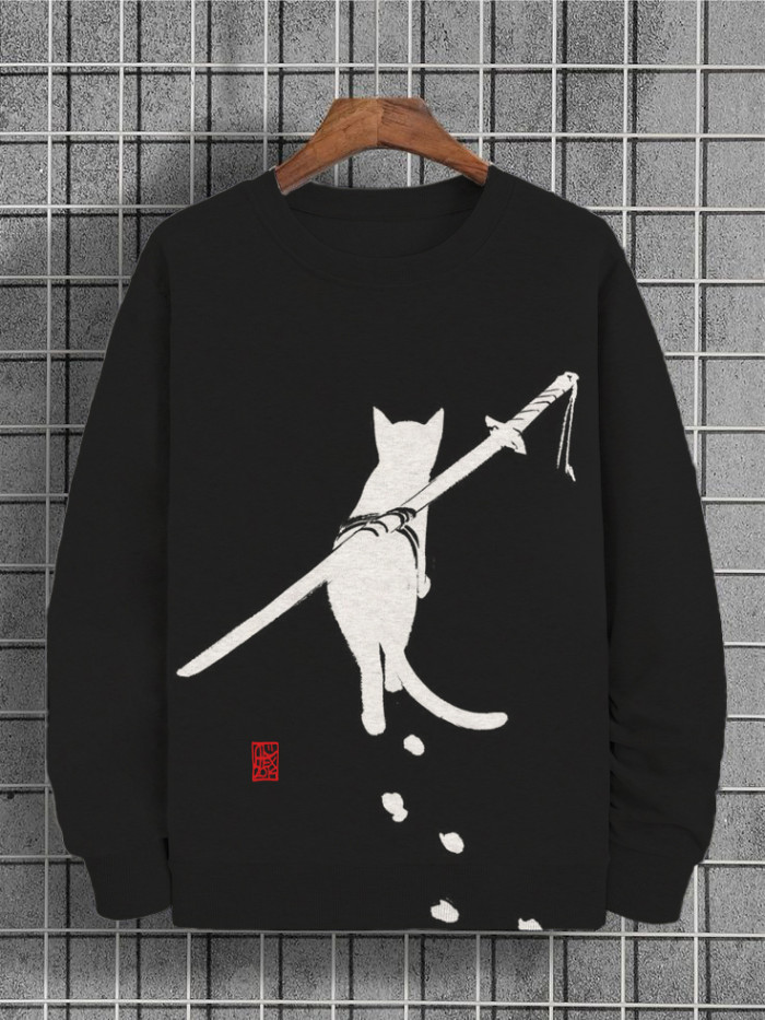 Men's Colorblock Japanese Samurai Cat Printed Casual Sweatshirt