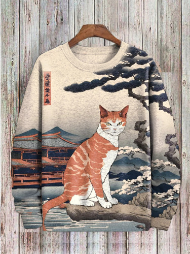 Men's Retro Japanese Ink Landscape Cat Art Print Sweatshirt
