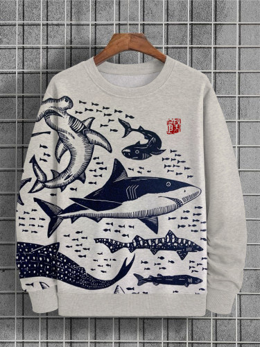 Men's Sharks Sea Japanese Lino Art Print Casual Sweatshirt