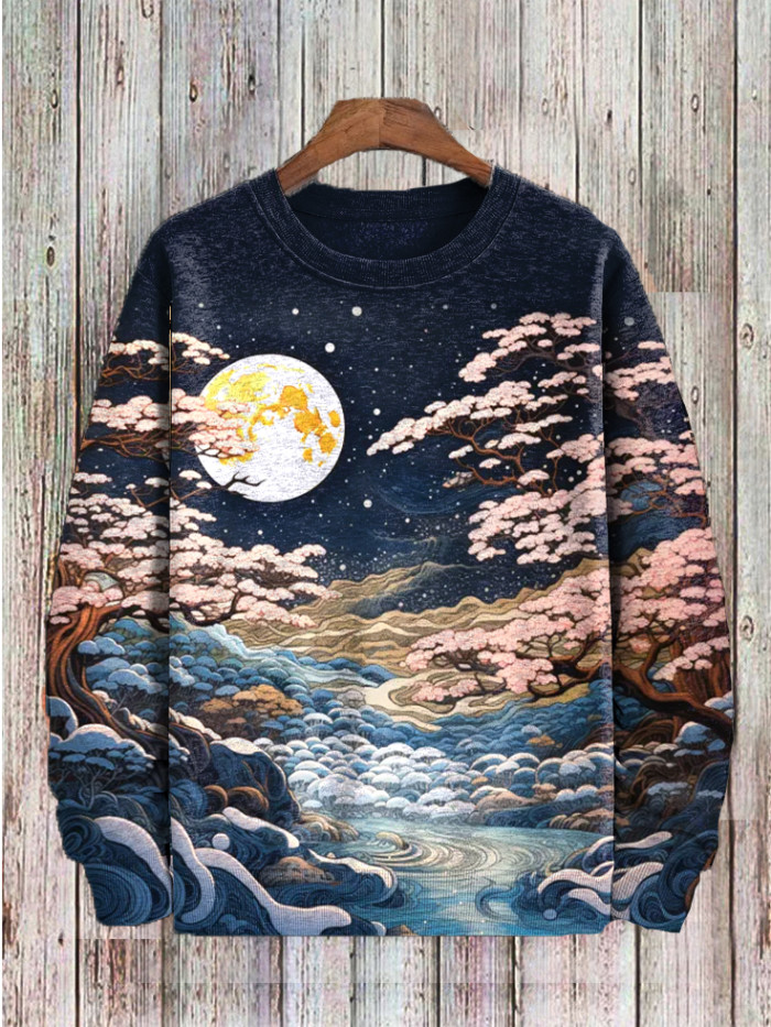 Men's Ukiyoe Snow Mountain Moon Landscape Art Print Sweatshirt