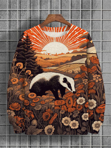 Men's European Badger Flower Sunset Illustration Print Sweatshirt