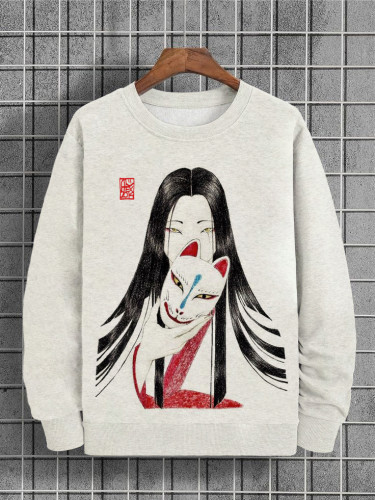 Men's Fox Mask Girl Japanese Art Printed Casual Sweatshirt