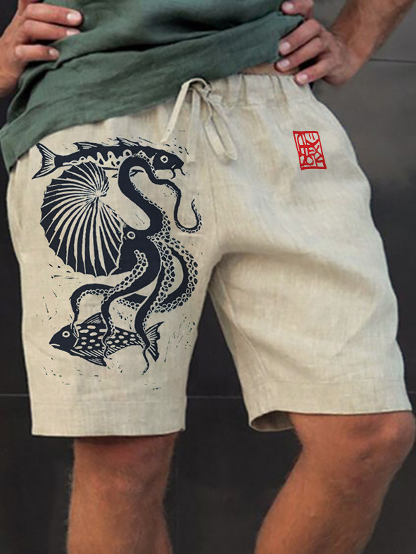 Men's Fish Octopus Japanese Art Print Casual Shorts