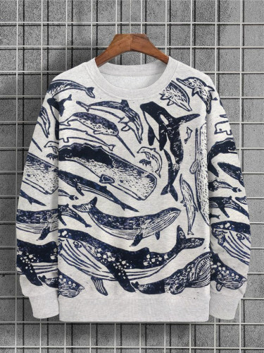 Men's Species Of Whales Japanese Lino Art Vintage Printed Sweatshirt