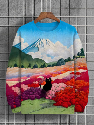 Men's Mount Fuji And Cat Flower Art Painted Print Sweatshirt