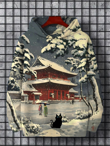 Men's Retro Snowy Scene Cat Japanese Palace Art Print Hoodie