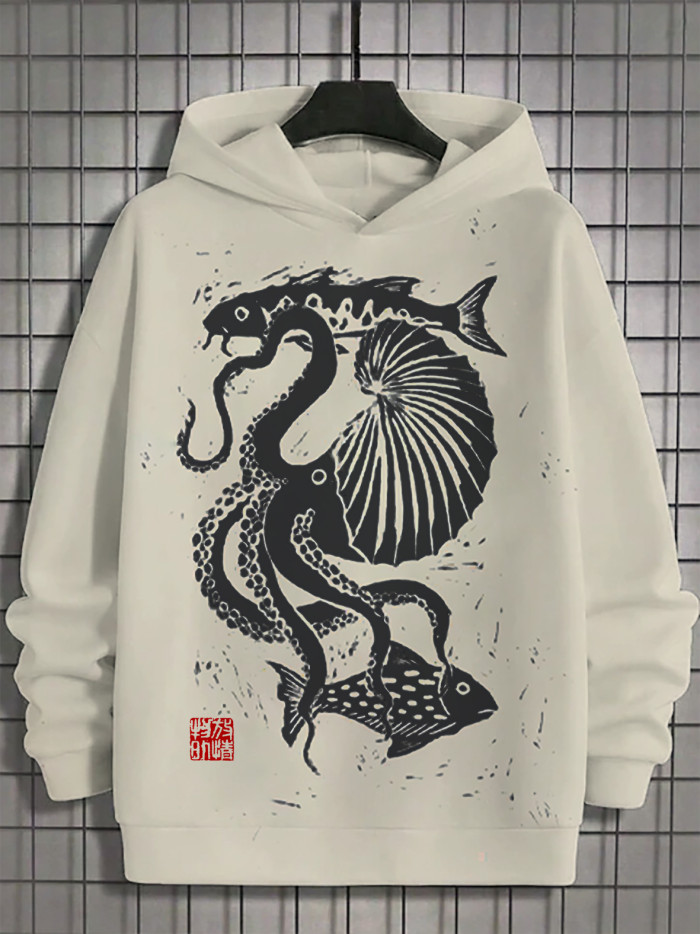 Men's Octopus Conch Fish Sea Japanese Engraving Art Print Long Sleeve Hoodie