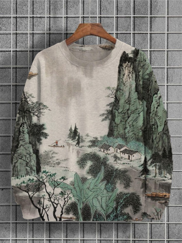 Men's Landscape Village Painting Art Print Sweatshirt