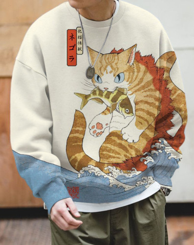 Men's Cat Fishing In The Waves Japanese Art Print Casual Sweatshirt