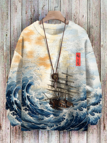 Men's Sailboat Rough Sea Waves Japanese Art Printed Sweatshirt