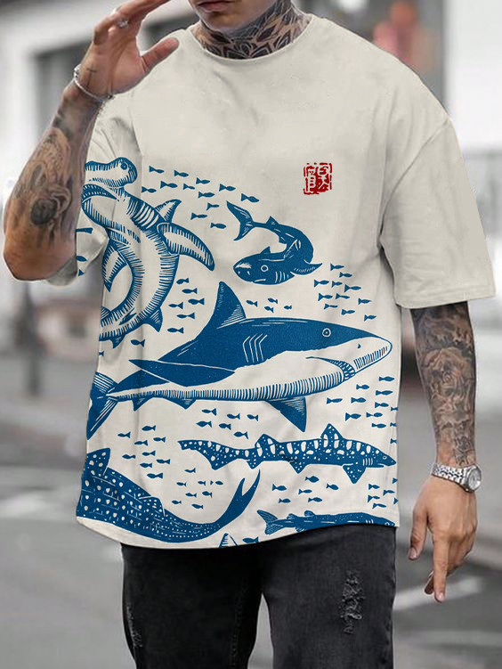 Men's Sharks Sea Japanese Lino Art Print Casual Short Sleeve T-Shirt