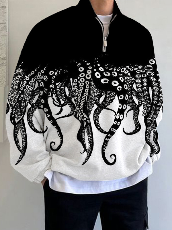 Men's Colorblock Fun Octopus Tentacles Print Cadet Collar Sweatshirt