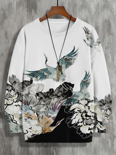 Men's Artistic Crane Flower Painting Print Vintage Sweatshirt