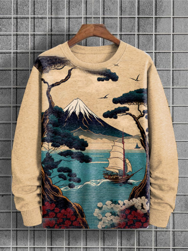 Men's Japan Mount Fuji Sea Boat Tree Landscape Art Print Sweatshirt