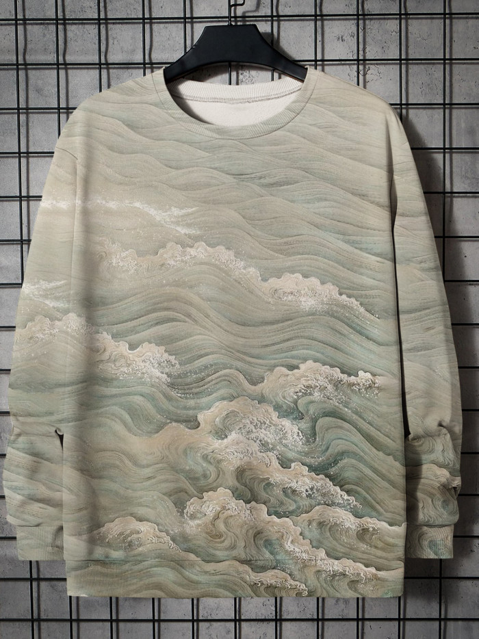Men's Japanese Style Wave Print Casual Long Sleeve Comfortable Sweatshirt ​
