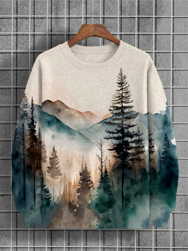 Men's Silent Forest Scenery Watercolor Print Round Neck Sweatshirt