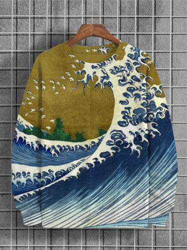 Men's Waves And Sea Gulls Japanese Art Printed Sweatshirt