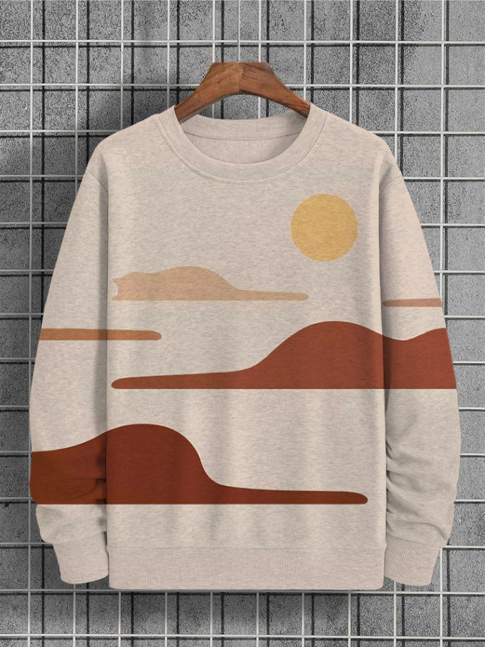 Men's Cat Mountain And Sun Art Pattern Print Cozy Sweatshirt