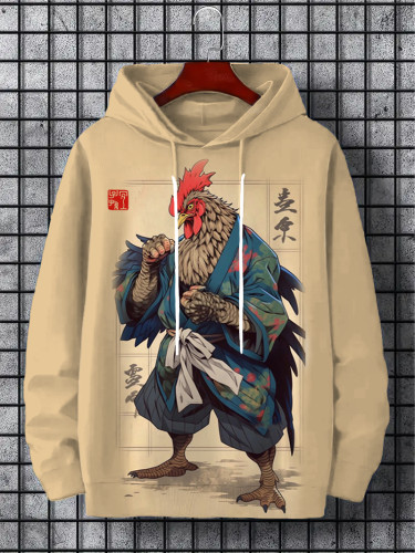 Men's Japan Fun Cock Samurai Print Splice Hoodie
