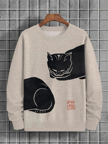 Men's Funny Black Cat Printed Japanese Lino Art Painting Sweatshirt
