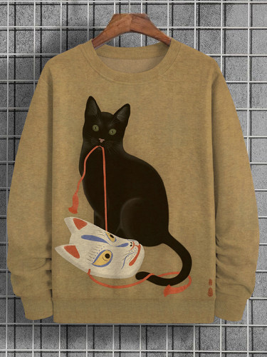 Men's Fox Mask Black Cat Art Printed Casual Sweatshirt