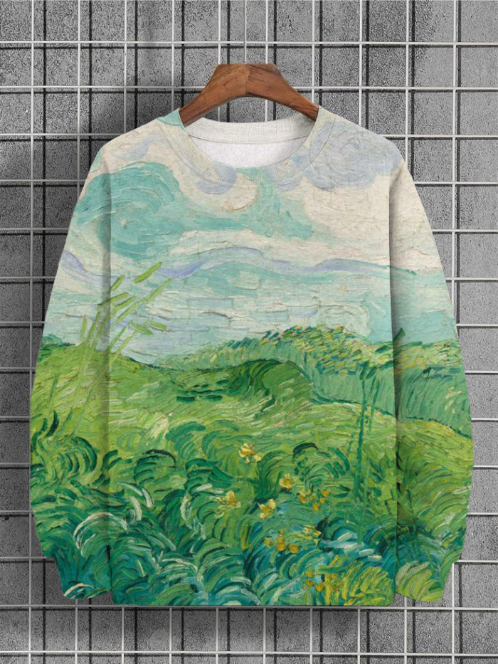 Men's Oil Painting Fresh Grass Landscape Print Cozy Sweatshirt
