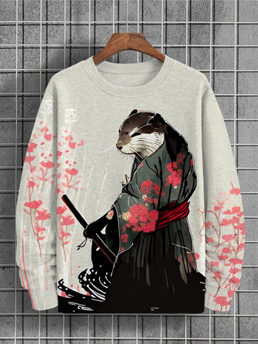 Men's Japanese Samurai Otter Art Printed Casual Sweatshirt
