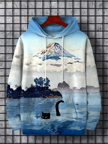 Men's Mount Fuji Cat Lake landscape Japanese Art Print Hoodie
