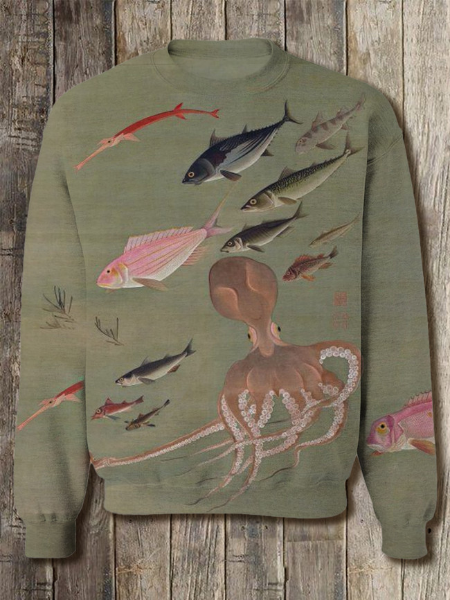 Men's Japanese Painting Ocean Marine Life Art Print Casual Pullover Sweatshirt